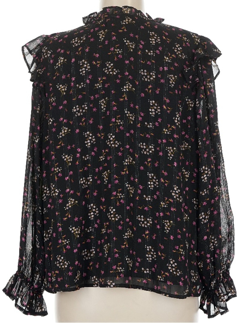 NWT CECE Black Floral Ruffle Sheer Long Sleeve Tie Neck Blouse Size Medium - Picture 4 of 6